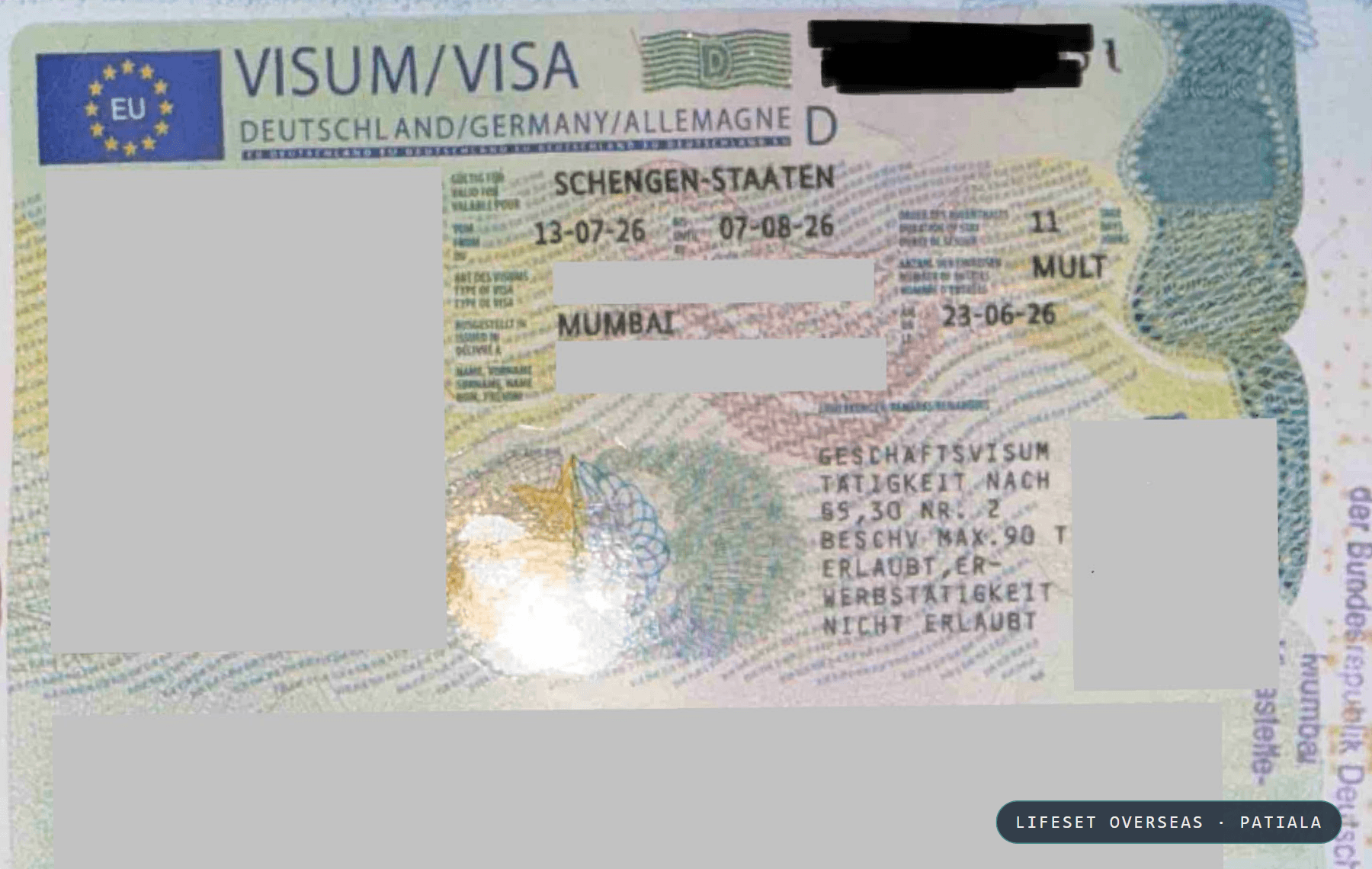 German Schengen business visitor visa granted to a Lifeset Overseas client, personal details redacted